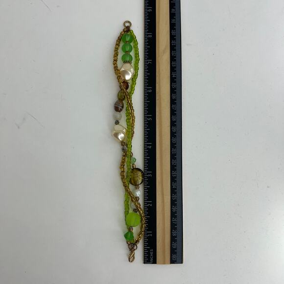 Green Beaded Faux Pearl Glass Multi Strand 8.5 inch Gold Lobster Claw Bracelet - Picture 4 of 4